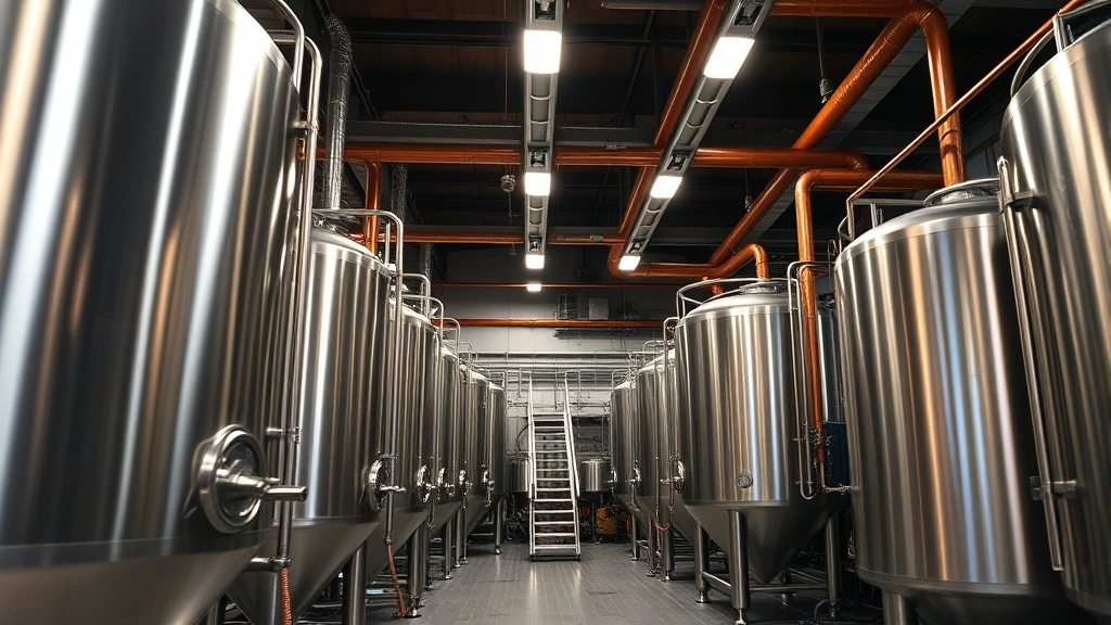 Professional brewery production floor with stainless steel fermentation tanks, copper piping, and industrial lighting, craft beer maker in safety gear monitoring equipment, modern craft brewery facility