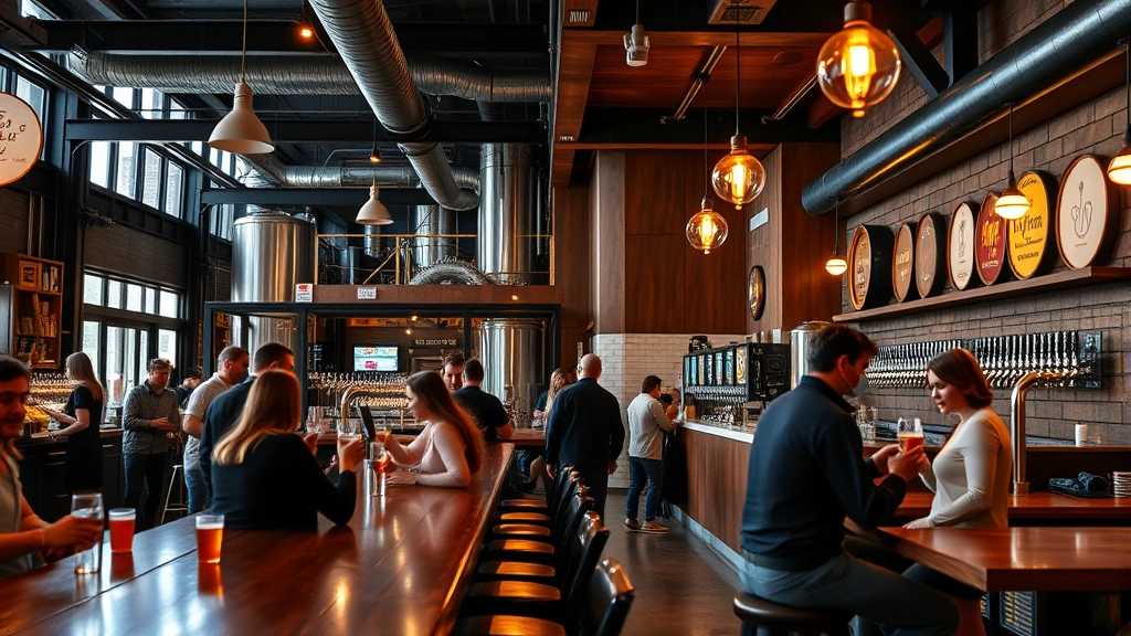 Upscale brewery taproom interior with wooden bar counter, craft beer taps, warm lighting, customers enjoying beverages in casual sophisticated atmosphere, premium brewery experience space