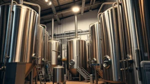 Professional craft brewery interior with stainless steel fermentation tanks, warm lighting, and industrial-modern aesthetic showcasing production equipment and quality control processes
