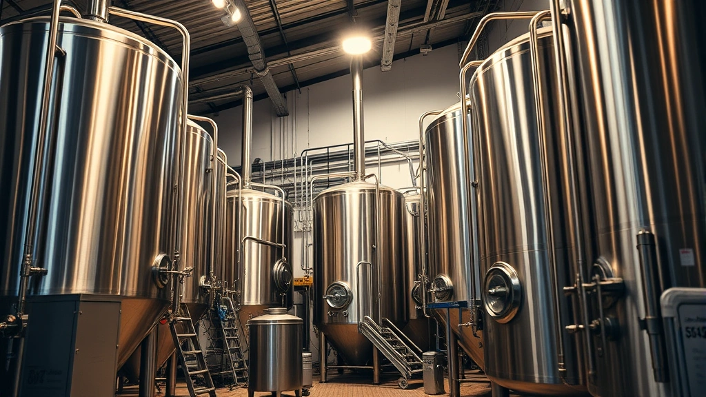 Professional craft brewery interior with stainless steel fermentation tanks, warm lighting, and industrial-modern aesthetic showcasing production equipment and quality control processes