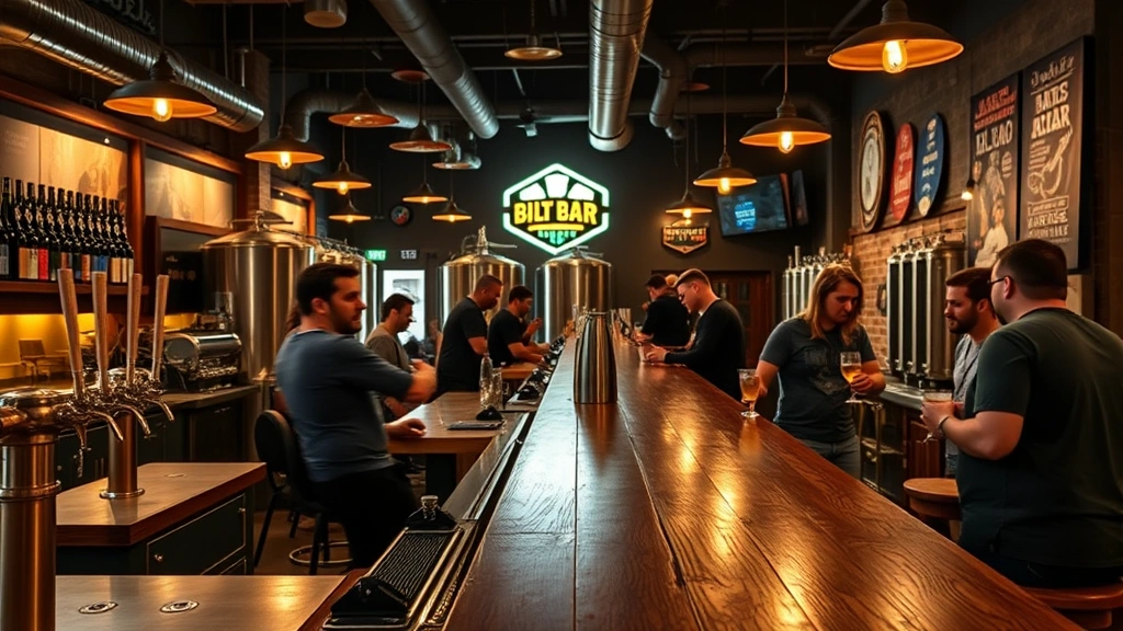 Artisanal brewery taproom with wooden bar counters, craft beer tap handles, customers enjoying beverages, warm ambient lighting creating inviting atmosphere for brand experience