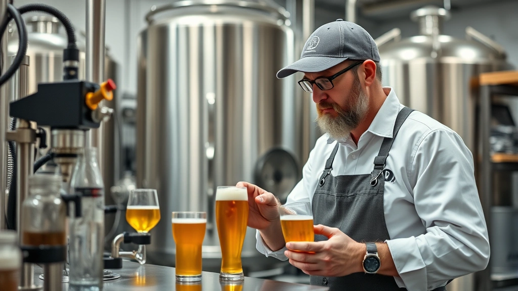 Brewery owner or head brewmaster examining beer samples in laboratory setting with testing equipment, demonstrating quality control and product development expertise