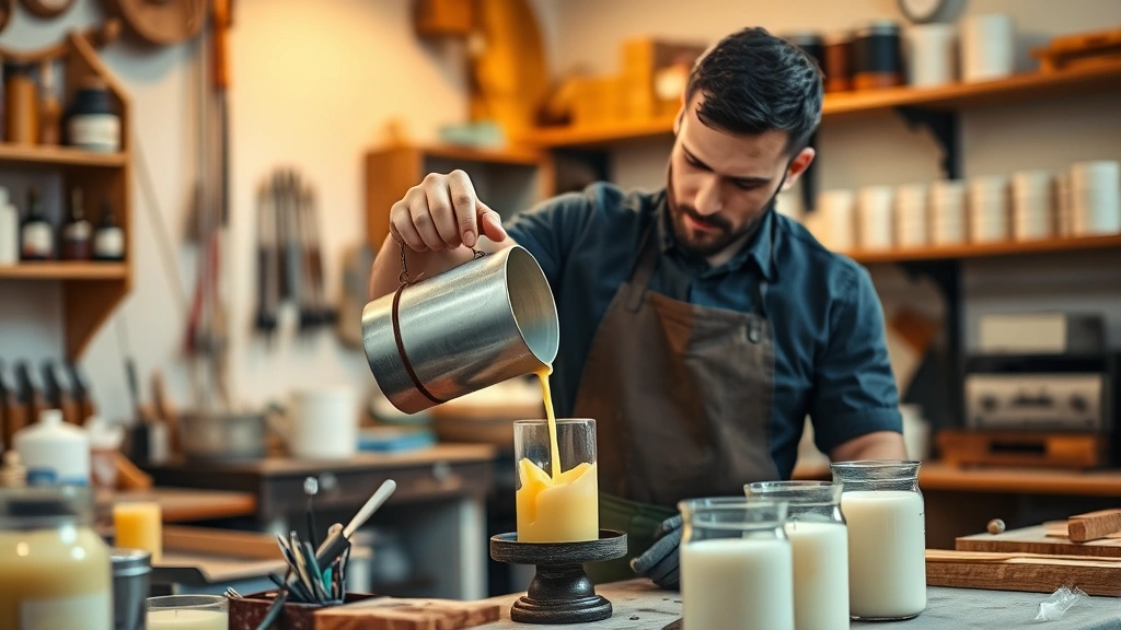 Professional candle maker in well-lit workshop pouring melted wax into glass container with focused attention, surrounded by organized materials and tools, warm ambient lighting highlighting craftsmanship and dedication