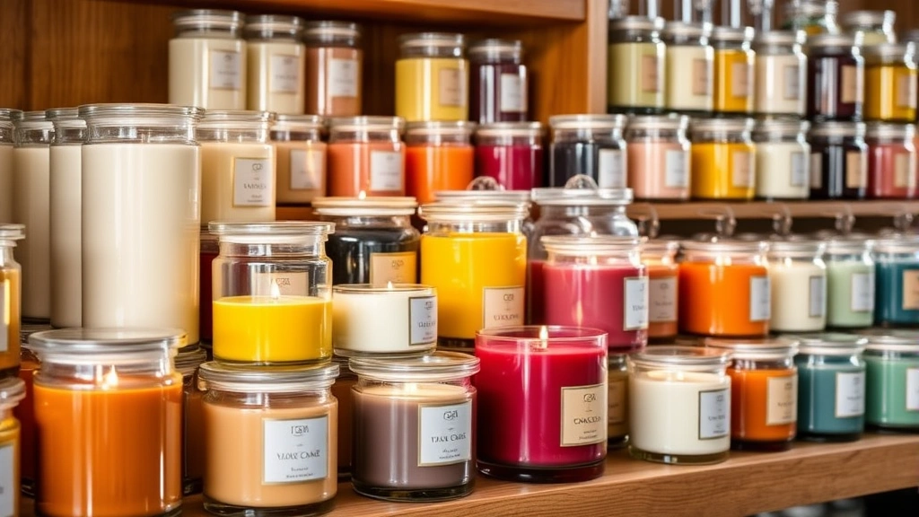Array of finished premium candles in various glass containers with different colored waxes displayed on wooden shelving, soft natural light illuminating products, showing product quality and variety