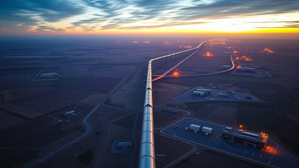 Aerial view of long-distance pipeline infrastructure stretching across Kenyan landscape with maintenance facilities and terminal installations visible, golden hour lighting showing industrial infrastructure scale