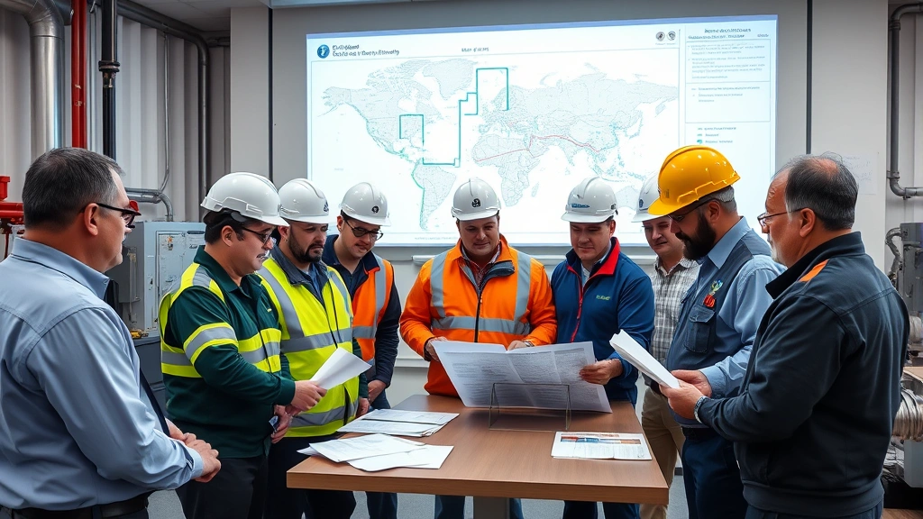 Team of diverse oil industry professionals in safety equipment reviewing pipeline maps and operational data in conference setting, collaborative business environment with technical documentation