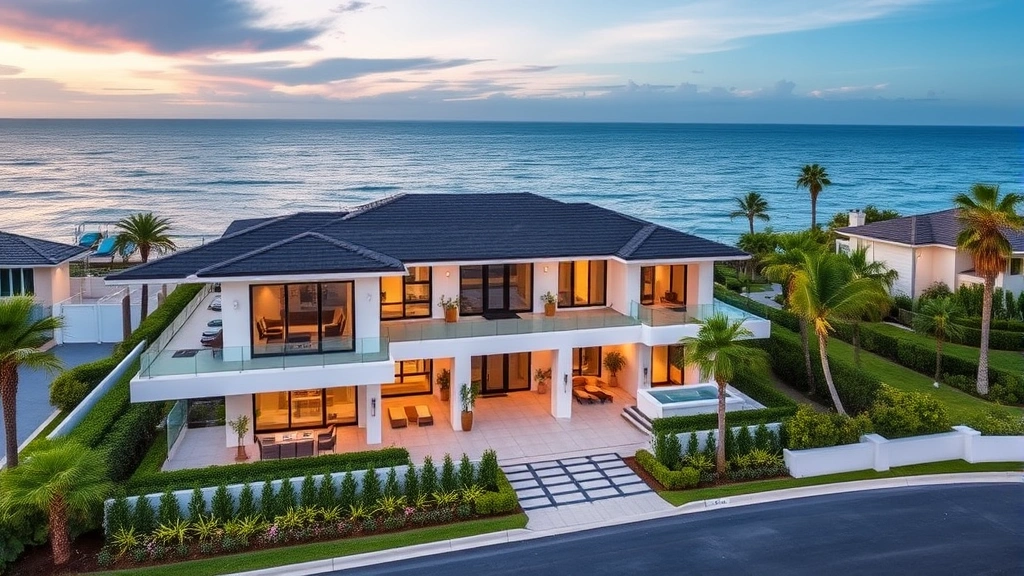 Luxury waterfront residential property exterior, contemporary architecture with ocean views, manicured landscaping and modern design elements, exclusive neighborhood setting