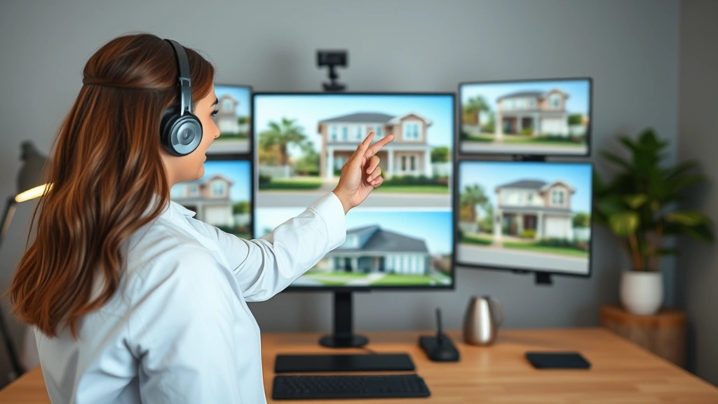 Real estate agent conducting virtual property tour using technology, video conferencing setup with property listings visible on screens, professional digital marketing workspace