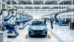 Modern automotive manufacturing facility with robotic assembly lines and quality control stations, bright industrial lighting, engineers monitoring production processes, pristine factory floor with blue and silver machinery