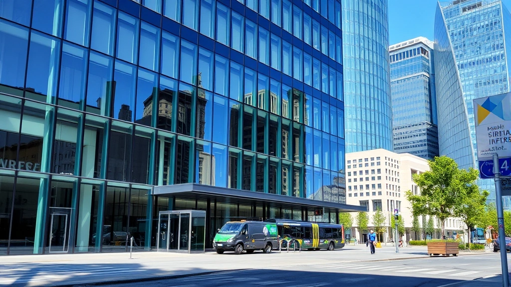 Modern commercial office building exterior with glass facade and contemporary architecture, daytime professional setting, downtown urban location