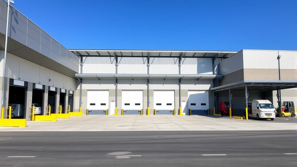 Industrial warehouse facility with loading docks, modern logistics infrastructure, well-maintained exterior, clear blue sky background