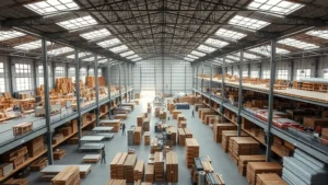 Aerial view of sprawling furniture manufacturing facility with multiple production floors, natural lighting through skylights, organized workspace with wood stacks and fabric rolls, modern industrial architecture