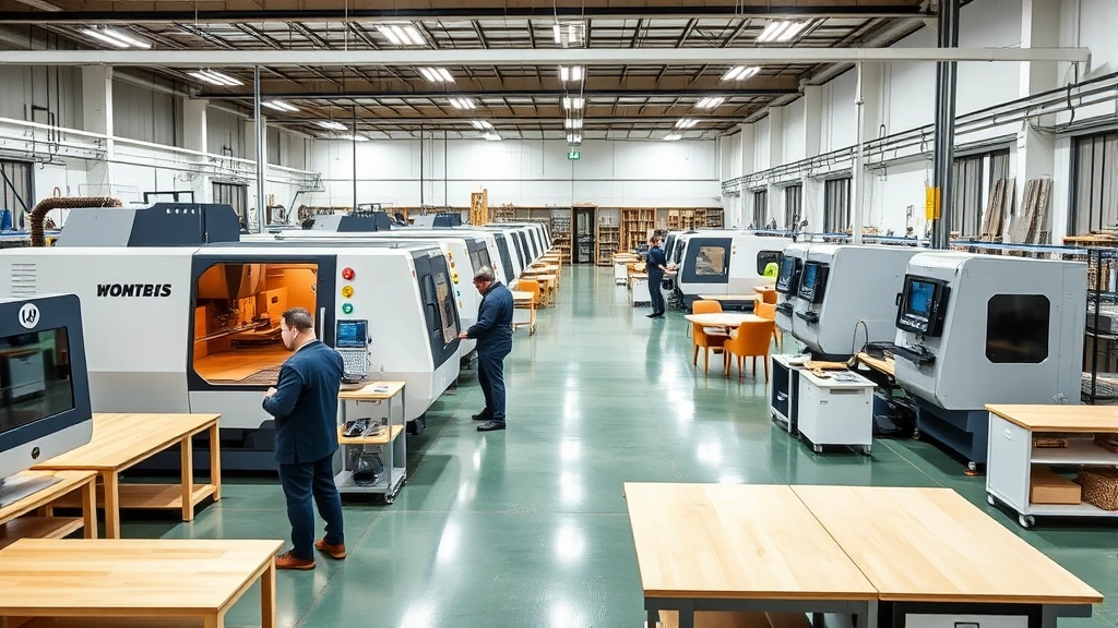 Modern furniture manufacturing facility with CNC machinery, precision cutting equipment, quality control stations, skilled workers in professional attire, organized workflow, contemporary factory setting