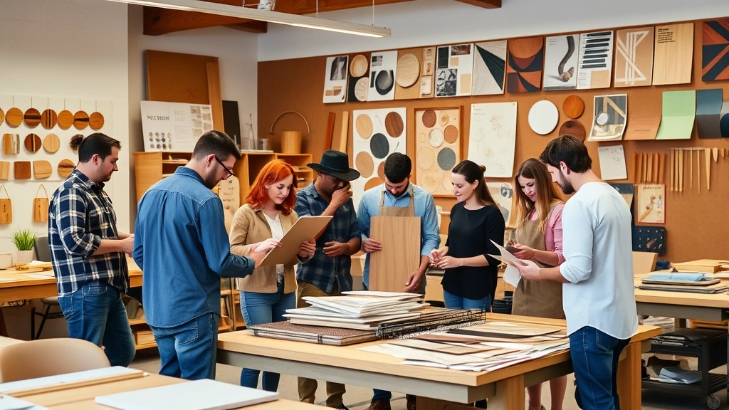 Diverse team of furniture designers and craftspeople collaborating in modern workshop, reviewing design samples, examining wood finishes and fabric swatches, collaborative creative environment with design inspiration boards