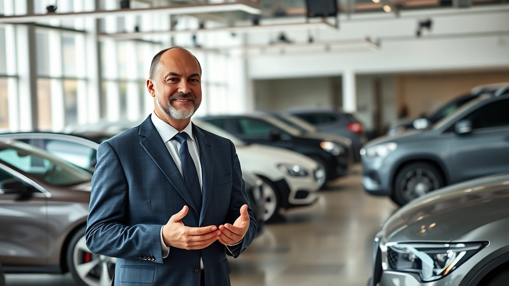 Professional male executive in business suit conducting interview in modern automotive showroom with vehicles visible, natural lighting, confident posture, corporate environment, photorealistic high resolution