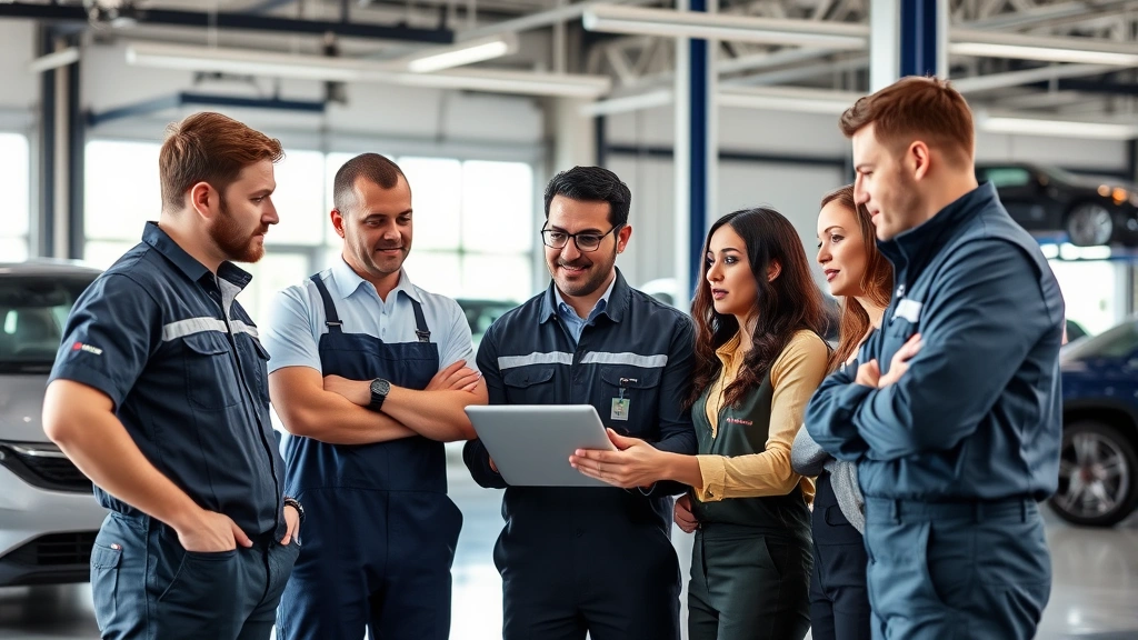 Diverse team of automotive service technicians and sales staff collaborating in dealership facility, looking at tablet together, professional uniforms, modern workshop setting, engaged expressions, natural daylight