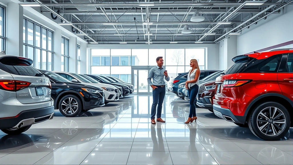Contemporary automotive dealership interior with clean showroom, modern vehicles on display, professional sales consultant speaking with customer couple, bright lighting, upscale retail environment, photorealistic