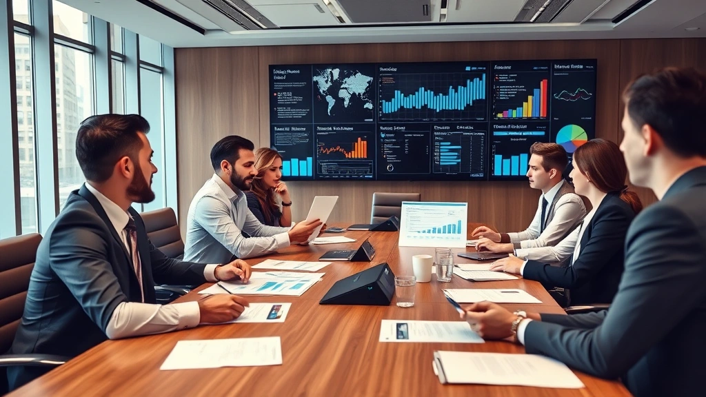 Executive boardroom with diverse leadership team reviewing strategic documents and data displays, professional business attire, modern corporate office setting, focused collaborative discussion atmosphere