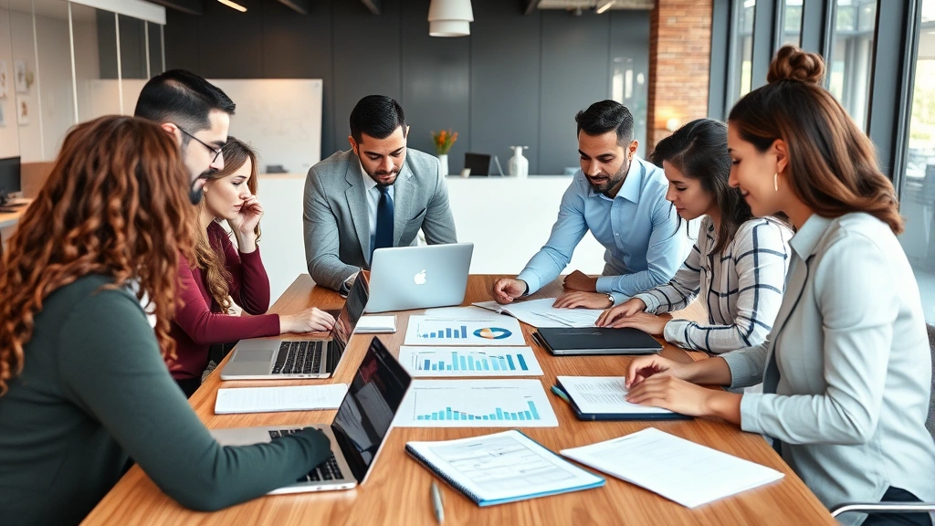 Diverse team of business professionals collaborating around a wooden table with laptops and notebooks, analyzing performance metrics and strategic planning documents in a contemporary corporate office