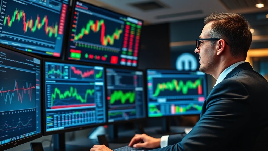 Senior investment advisor in business suit reviewing portfolio performance on multiple monitors displaying financial dashboards and market analysis data in a sophisticated trading room environment