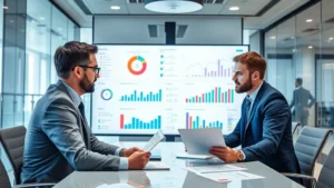 Professional business executives in a modern conference room reviewing financial documents and performance dashboards on a large screen, analytical and focused expressions, corporate environment with contemporary office design