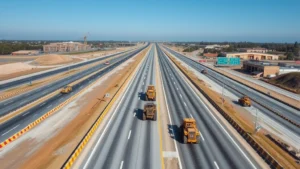 Aerial view of large highway construction project with multiple lanes, heavy equipment including dozers and graders working on roadbed, clear blue sky, professional construction site with safety barriers and signage, daytime photography