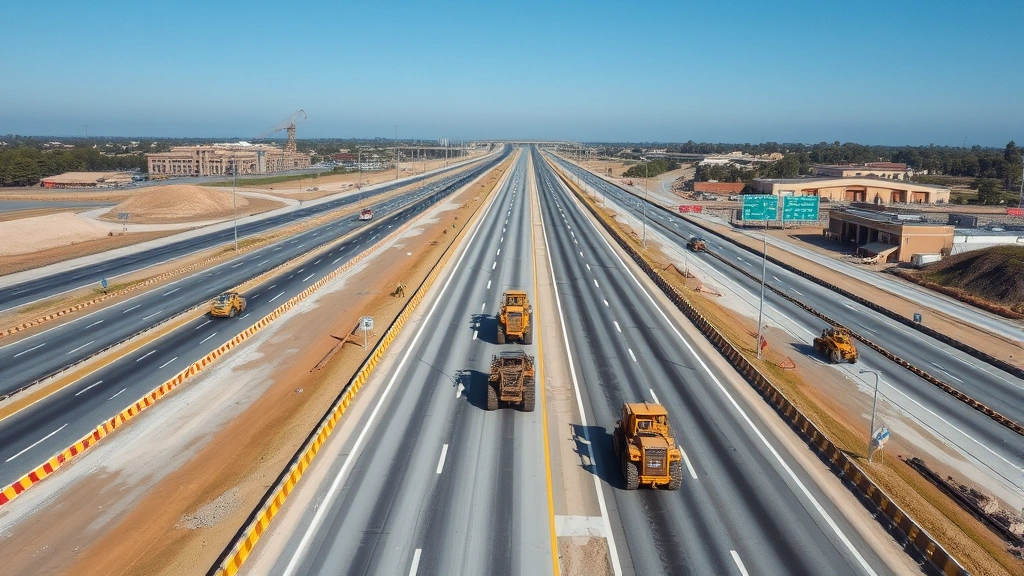 Aerial view of large highway construction project with multiple lanes, heavy equipment including dozers and graders working on roadbed, clear blue sky, professional construction site with safety barriers and signage, daytime photography