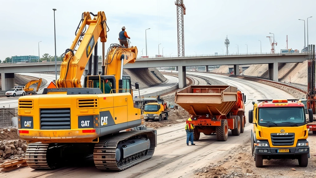 Modern construction equipment including excavator and dump truck operating at infrastructure project site, highway or bridge construction visible, multiple workers coordinating activities, well-organized jobsite demonstrating professional management and safety protocols