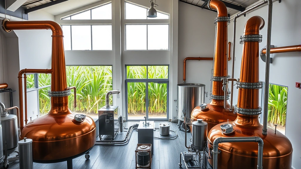 Professional distillery facility with copper pot stills, stainless steel equipment, and modern production setup in bright natural lighting, Hawaiian sugarcane fields visible through windows