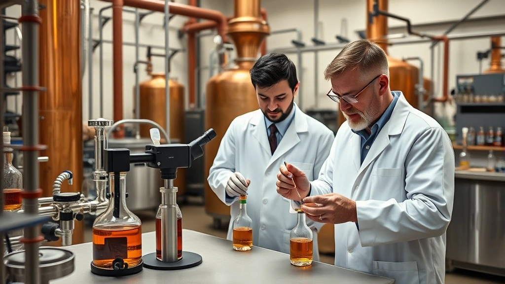 Team of distillery professionals in white lab coats conducting quality control testing with specialized equipment, examining rum samples in laboratory environment, professional serious atmosphere