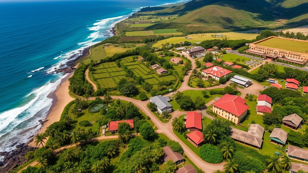 Scenic aerial view of Koloa village on Kauai with ocean coastline, historic sugarcane plantation landscape, lush tropical vegetation, and distillery building integrated into community setting