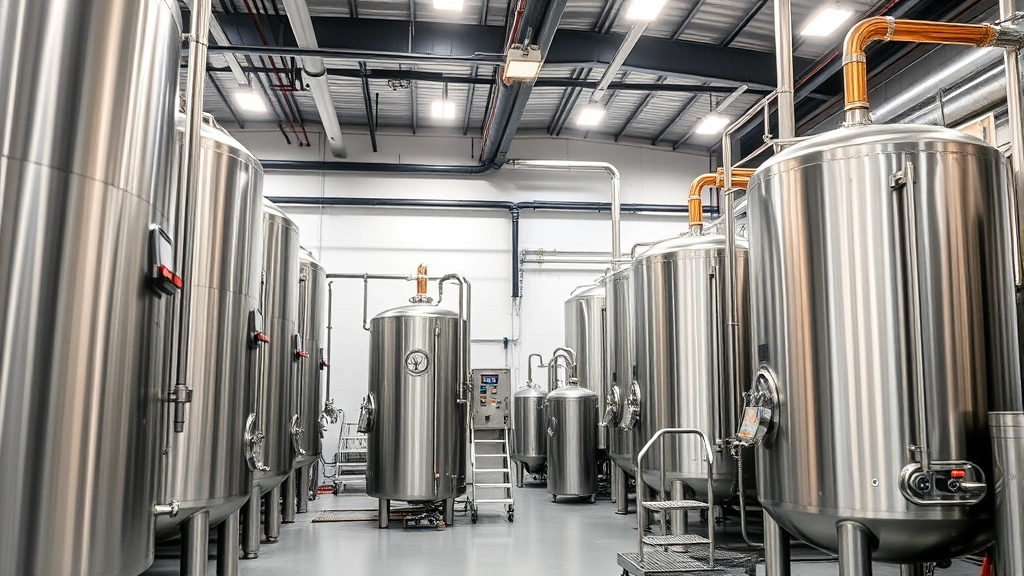 Modern industrial brewery facility with stainless steel fermentation tanks, copper brewing equipment, and production machinery in professional manufacturing environment, no people visible, bright daylight