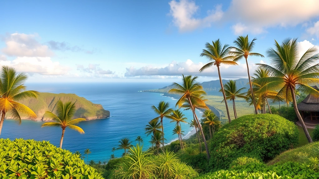 Tropical island landscape with ocean views, palm trees, and lush vegetation creating scenic Hawaiian backdrop, natural lighting, panoramic vista of Big Island coastline