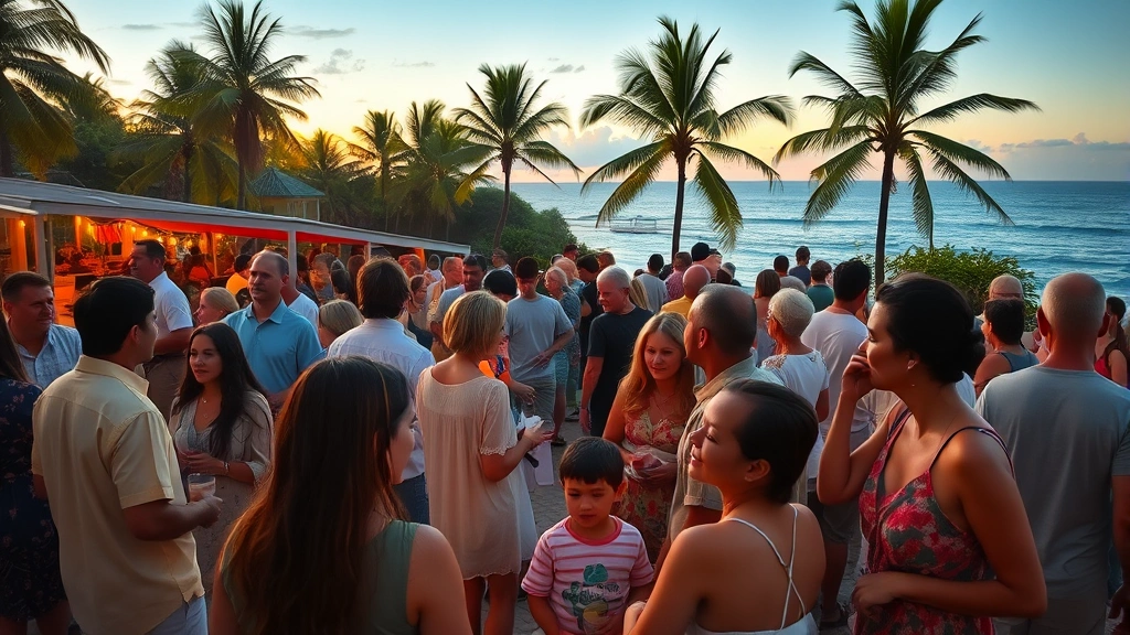 Diverse community gathering in outdoor tropical setting with families enjoying social event, casual clothing, sunset lighting, ocean horizon visible, authentic local atmosphere