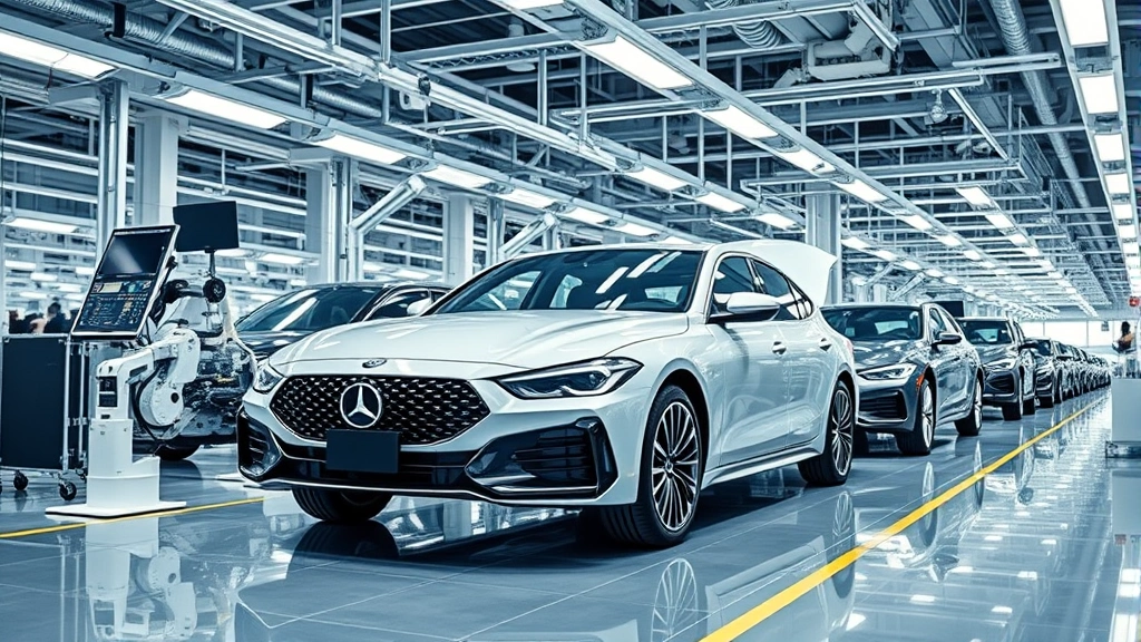 Modern luxury sedan assembly line with robotic manufacturing equipment and quality control stations, sleek Korean automotive design, polished factory floor with professional lighting