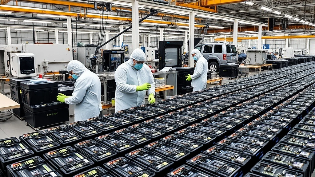 Electric vehicle battery manufacturing facility with technicians in clean suits assembling battery packs, advanced precision equipment, rows of battery modules in organized warehouse setting