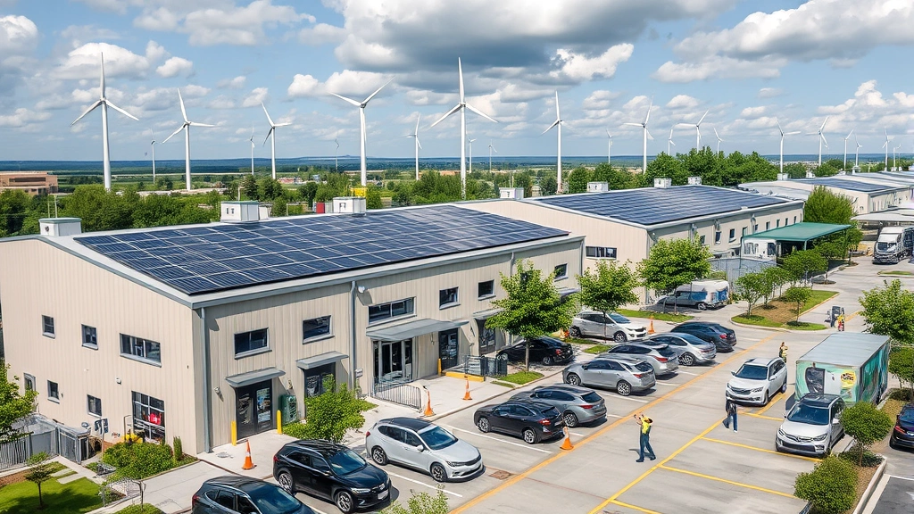 Sustainable manufacturing facility with solar panels on roof, wind turbines visible, modern architecture, green spaces integrated into industrial complex, workers in safety gear inspecting electric vehicles