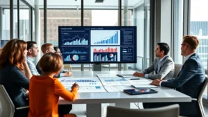 Professional business team in modern office conference room collaborating on strategic growth plans with charts and graphs on large monitor displays, natural daylight through floor-to-ceiling windows, confident executives discussing market expansion