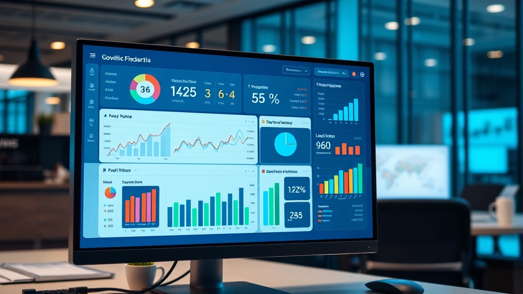 Modern financial dashboard displayed on computer screen showing analytics, growth metrics, revenue trends, and KPI visualizations in corporate office environment with professional business setting