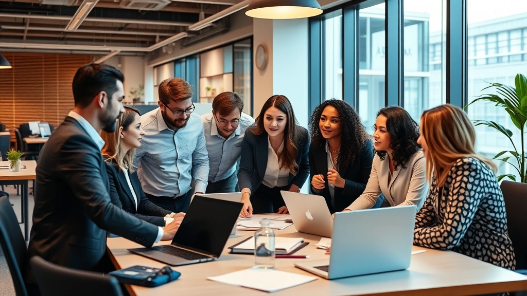 Diverse team of business professionals in contemporary workspace conducting strategic planning session with digital tools, laptops, and collaborative technology, representing organizational development and talent alignment
