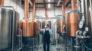 Professional craft brewery interior with copper brewing kettles and stainless steel equipment, brewmaster in work attire monitoring fermentation tanks, industrial lighting, clean modern facility, no text or signage visible