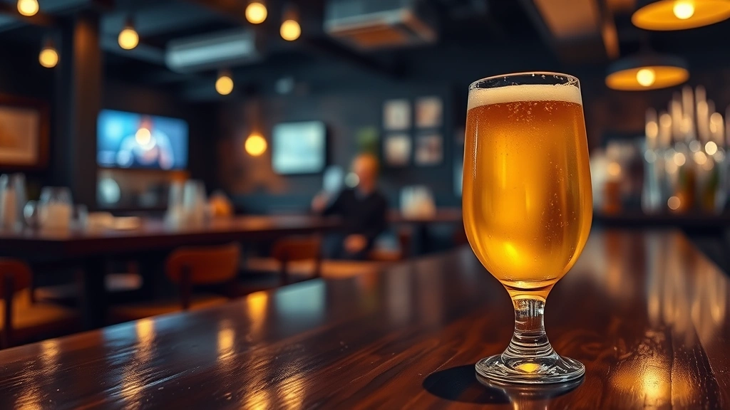 Golden-colored beer in elegant pilsner glass on polished wood bar counter, condensation droplets visible, warm ambient lighting, blurred upscale restaurant or brewery setting background, fresh citrus garnish suggestion
