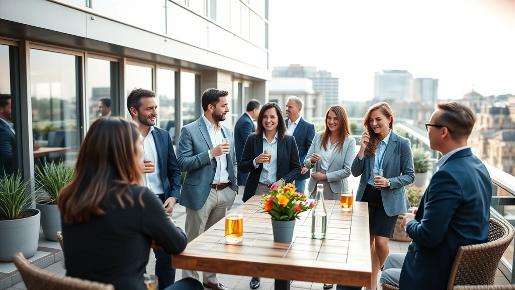 Group of professionals in business casual attire enjoying beverages on modern outdoor terrace during afternoon gathering, natural lighting, sophisticated casual atmosphere, no branded materials or text visible, relaxed engagement