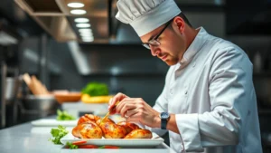 Professional chef in modern commercial kitchen carefully preparing marinated chicken, wearing chef whites, focused expression, bright professional kitchen lighting, high-quality ingredients visible, emphasizing culinary craftsmanship and food preparation expertise