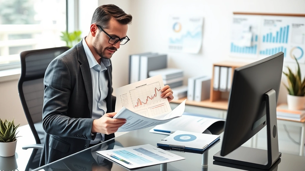 Founder in business casual attire reviewing financial documents and business metrics at modern desk with computer, organized office environment, focused professional demeanor, representing business management, strategic planning, and growth analysis