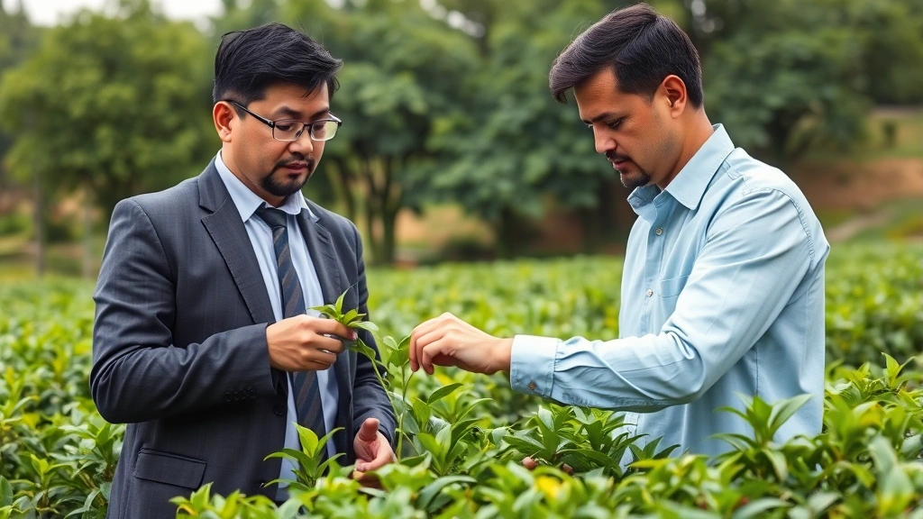 Professional meeting scene between a tea company manager and a regional farmer in a farm setting, both examining tea plants together, demonstrating collaborative partnership and quality assessment