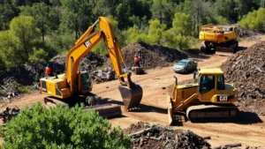 Professional heavy equipment operators using excavators and bulldozers on large construction site, clearing dense vegetation and trees, organized debris piles visible, bright daylight, realistic industrial setting