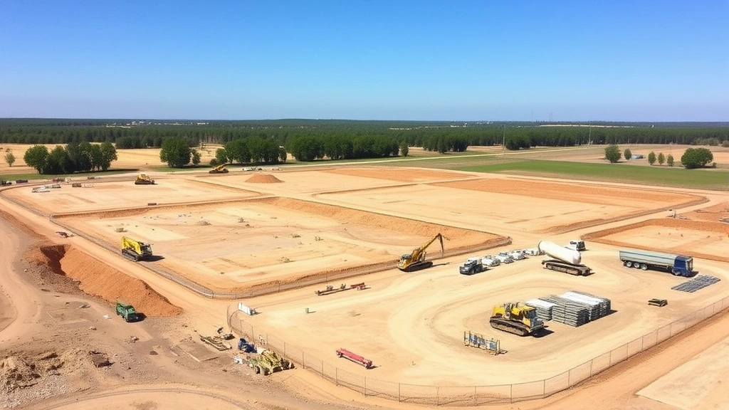 Completed land clearing project showing prepared terrain ready for development, equipment staged at site perimeter, organized material staging areas, clear skies, professional site setup