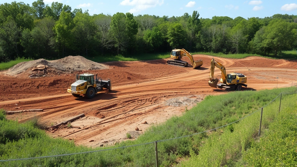 Land clearing operation in progress with multiple pieces of heavy equipment working simultaneously, cleared sections visible alongside standing vegetation, professional crew coordination evident