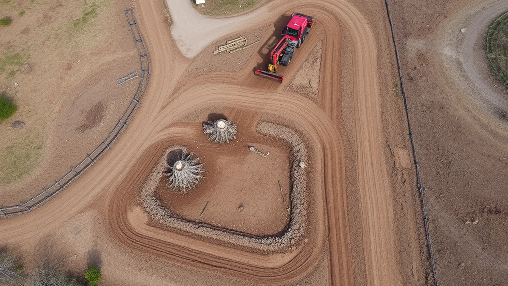 Aerial view of cleared property with stump grinding equipment in operation, freshly graded earth, erosion control measures visible, residential or commercial development site ready for construction